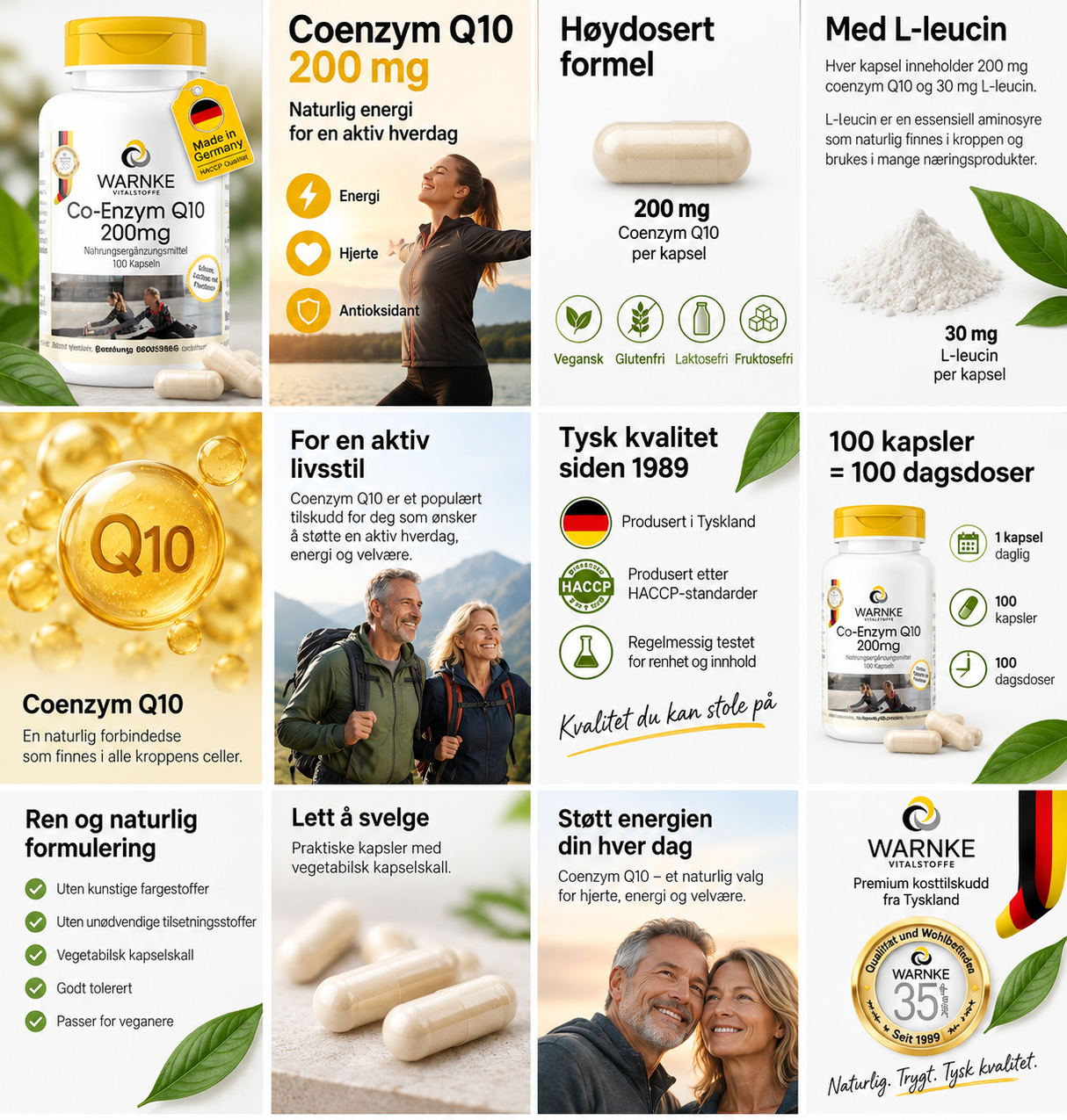 Vegan kapsler med 200 mg koenzym Q10. Kapslene er beige og pakket i en hvit boks med gult lokk.