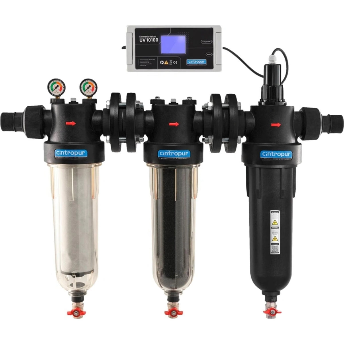 Cintropur TRIO-UV 10100 filtro de agua 95 W con purificación de 3 etapas, carbón activado, cámara UV en 316L y conexión de 2 pulgadas