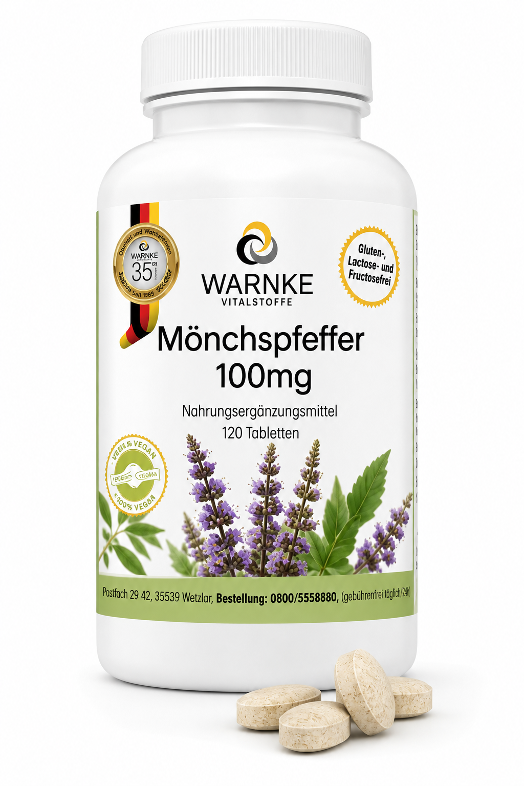 Kapsler av kosttilskuddet Munkpepper 100 mg i hvit beholder med grønne og lilla detaljer, 120 tabletter synlige.