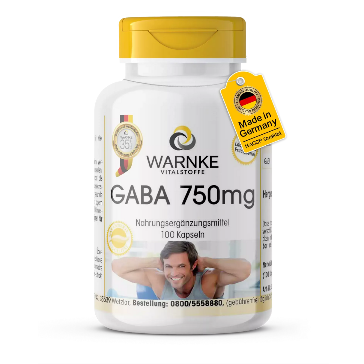 GABA 750 mg i hvit beholder med gulttopp, inneholder 100 veganske kapsler med 750 mg gamma-aminosmørsyre per kapsel.