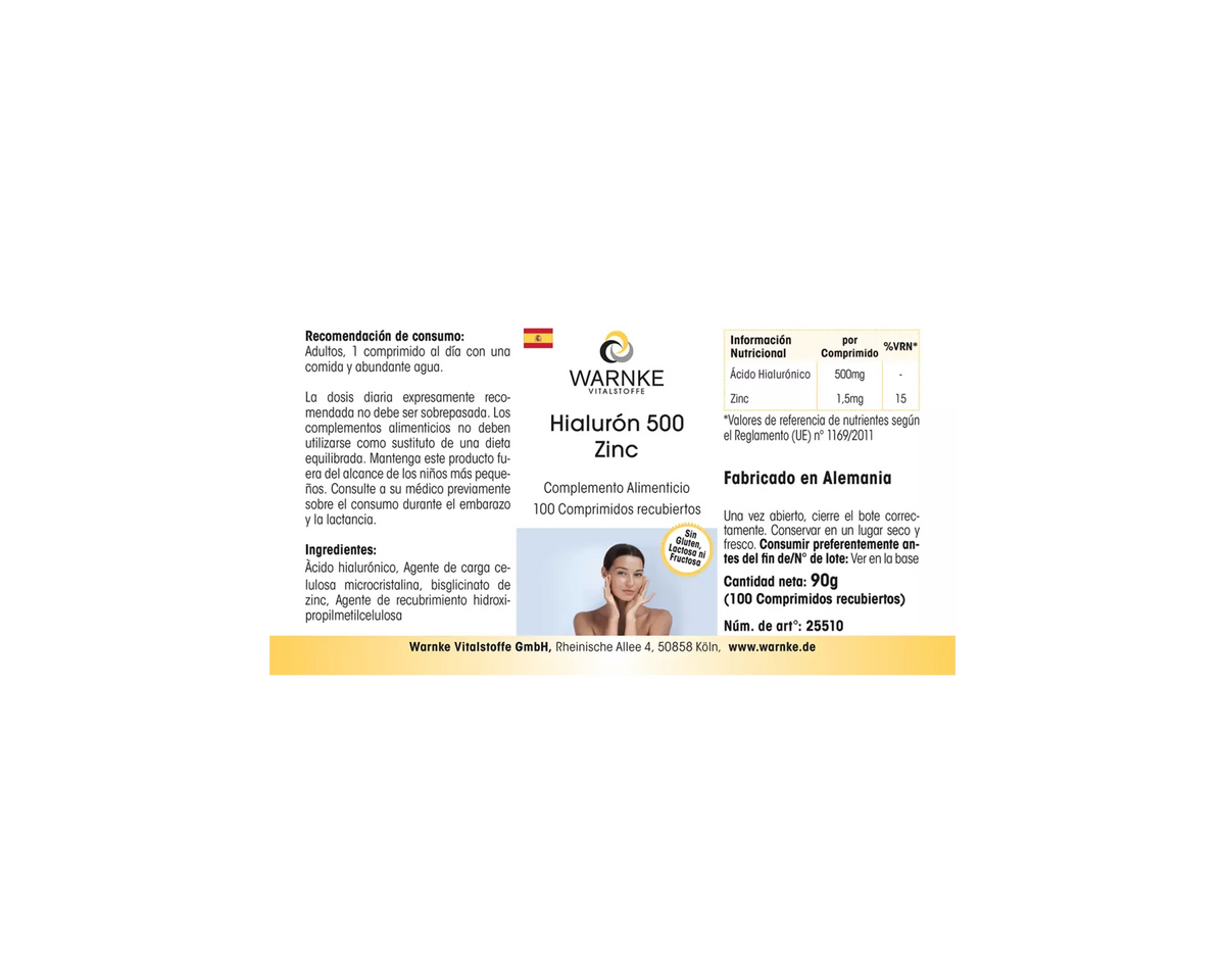 Hyaluron 500 + zinc con 100 comprimidos recubiertos con película, vegano, fácil de tragar, de superficie lisa.