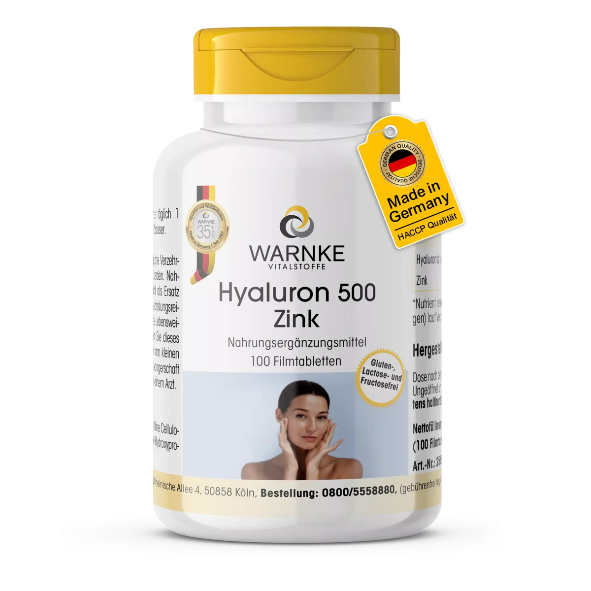 Hyaluron 500 + Zinc, 100 comprimidos recubiertos con película en un frasco blanco con tapa amarilla, con una mujer tocándose la cara.