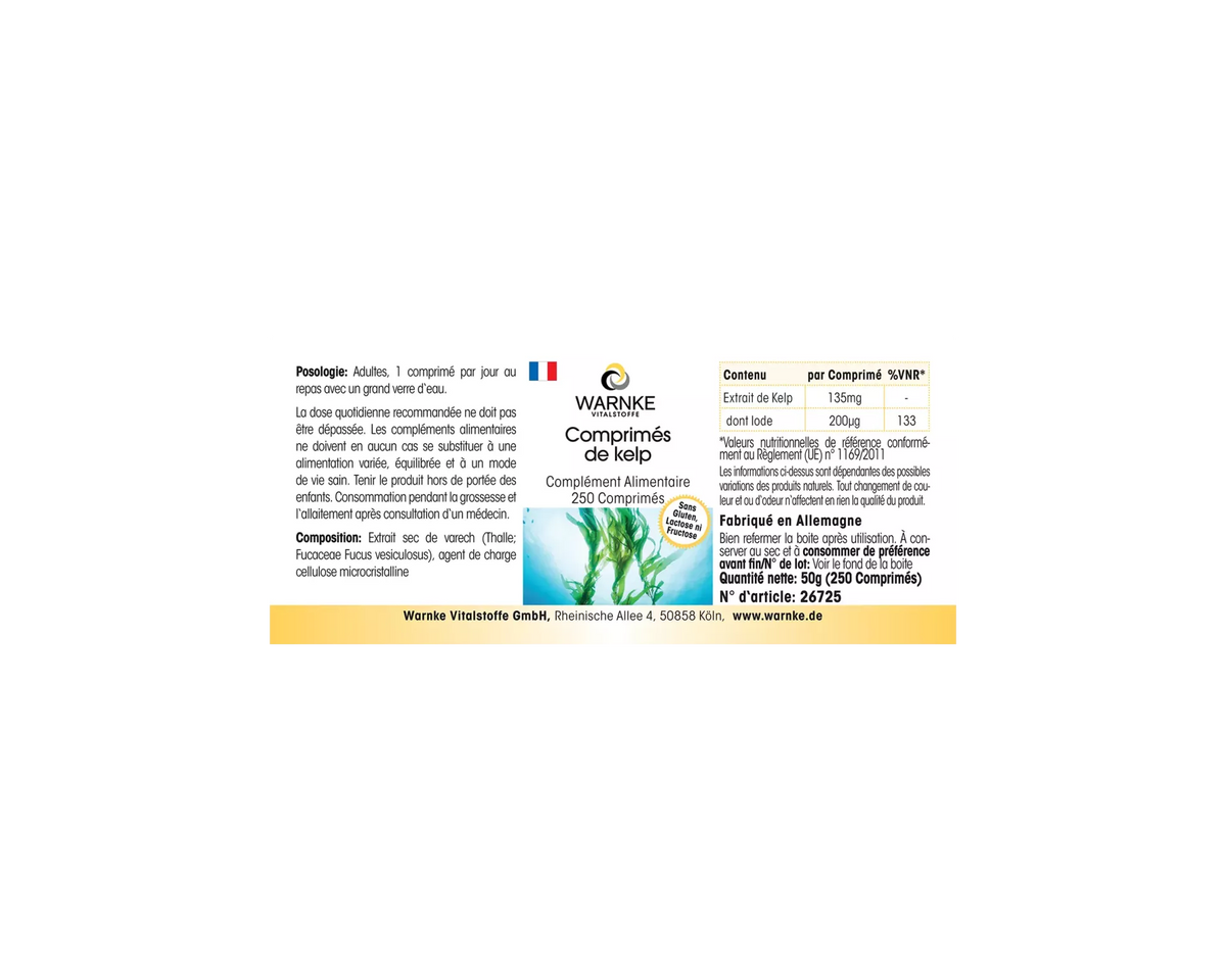 Kelp-tabletter - 250 tabletter med 200 µg jod, veganske, grønne og hvide farver på etiket, tekst med sundhedsoplysninger.