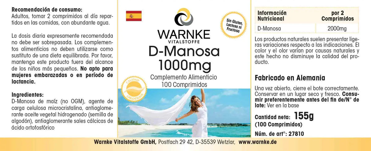 D-Mannose 1000mg tabletter i en hvid og blå emballage, der viser 100 veganske tabletter i en æske.