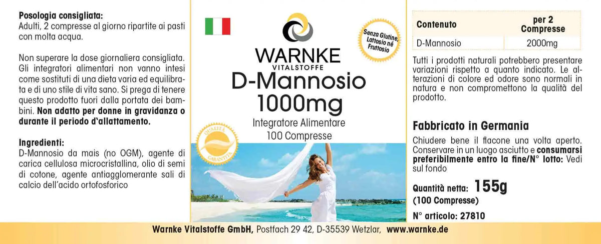 D-Mannose 1000 mg, 100 veganske tabletter, med blå baggrund og produktinformation på hvid emballage.