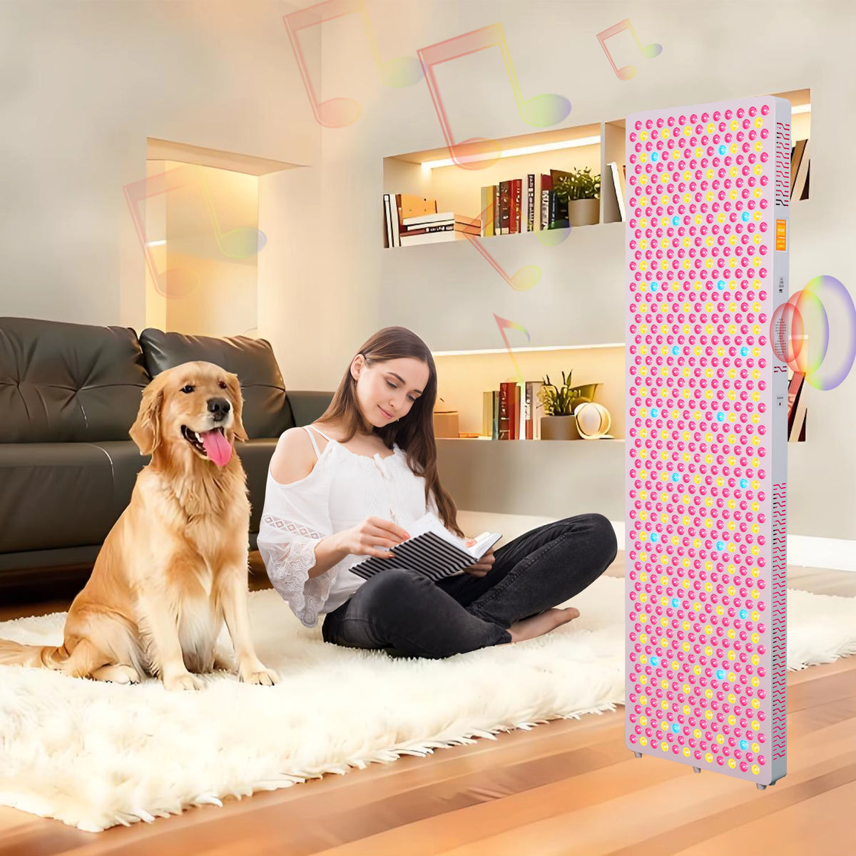 Grande pannello luminoso rosso e NIR bianco con funzione musicale, posizionato accanto a una donna seduta per terra con un cane.