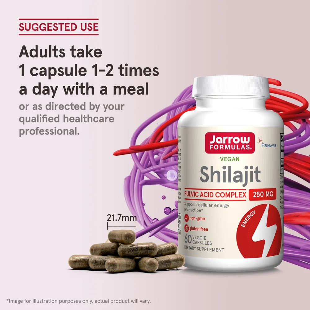 Capsule vegane con complesso di acido fulvico Shilajit in un flacone. Le capsule sono marroni e ovali, con un diametro di 21,7 mm.