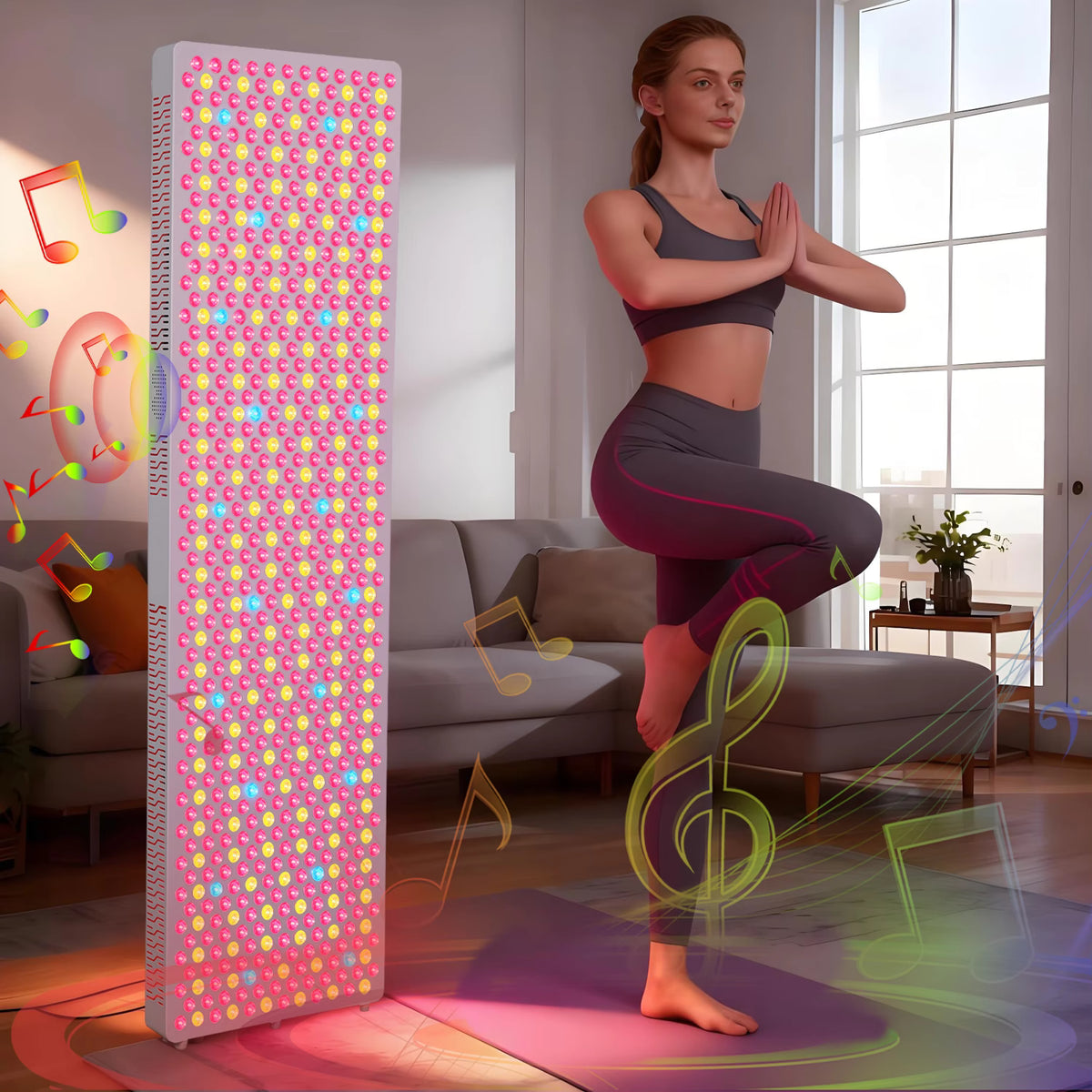 Grande pannello a luci rosse con 720 lampade LED, presentato da una donna in piedi con una borsa da yoga, in una stanza luminosa.
