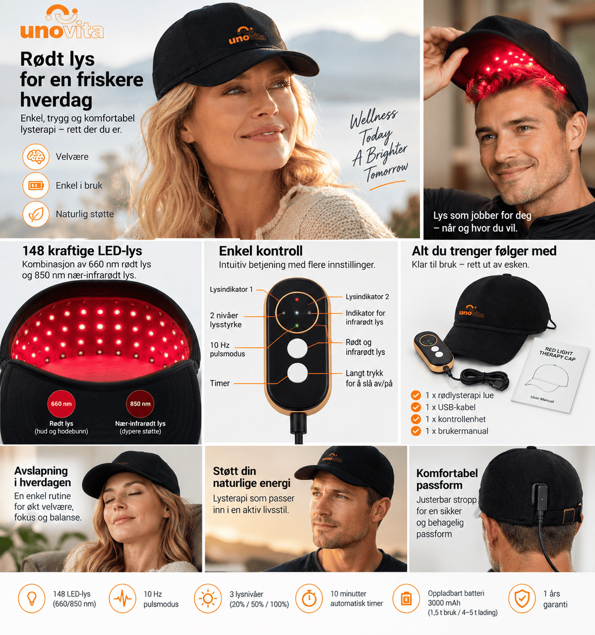 Uno Vita Red Light Therapy Cap (148 LED'er, 660/850 nm)