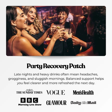 Well-being patch for a party, used by several people toasting drinks. Discreet plaster visible on the wrist.