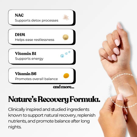 The wellness patch Recover Patch, attached to the wrist, with a description of ingredients such as NAC and B vitamins.