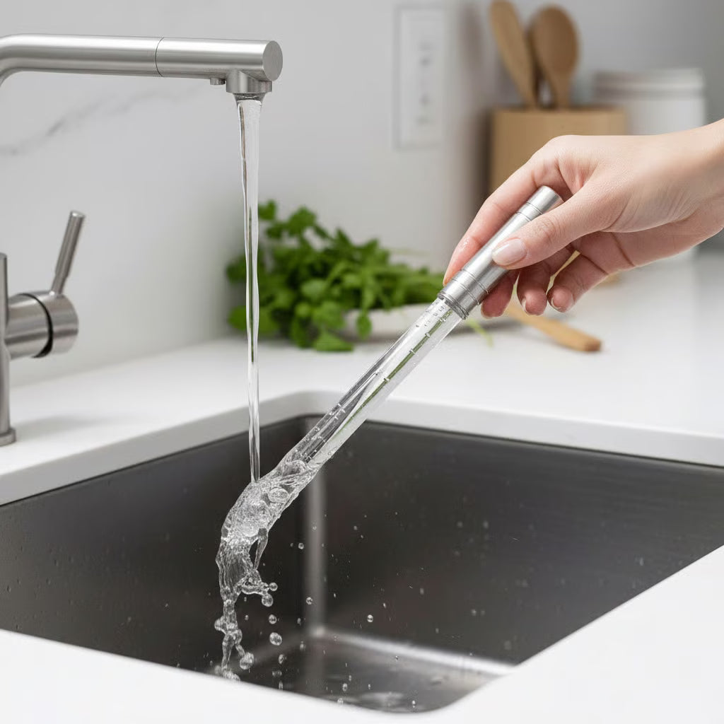 Draagbare waterstructureerstaaf van roestvrij staal en kwarts, te gebruiken onder stromend kraanwater.