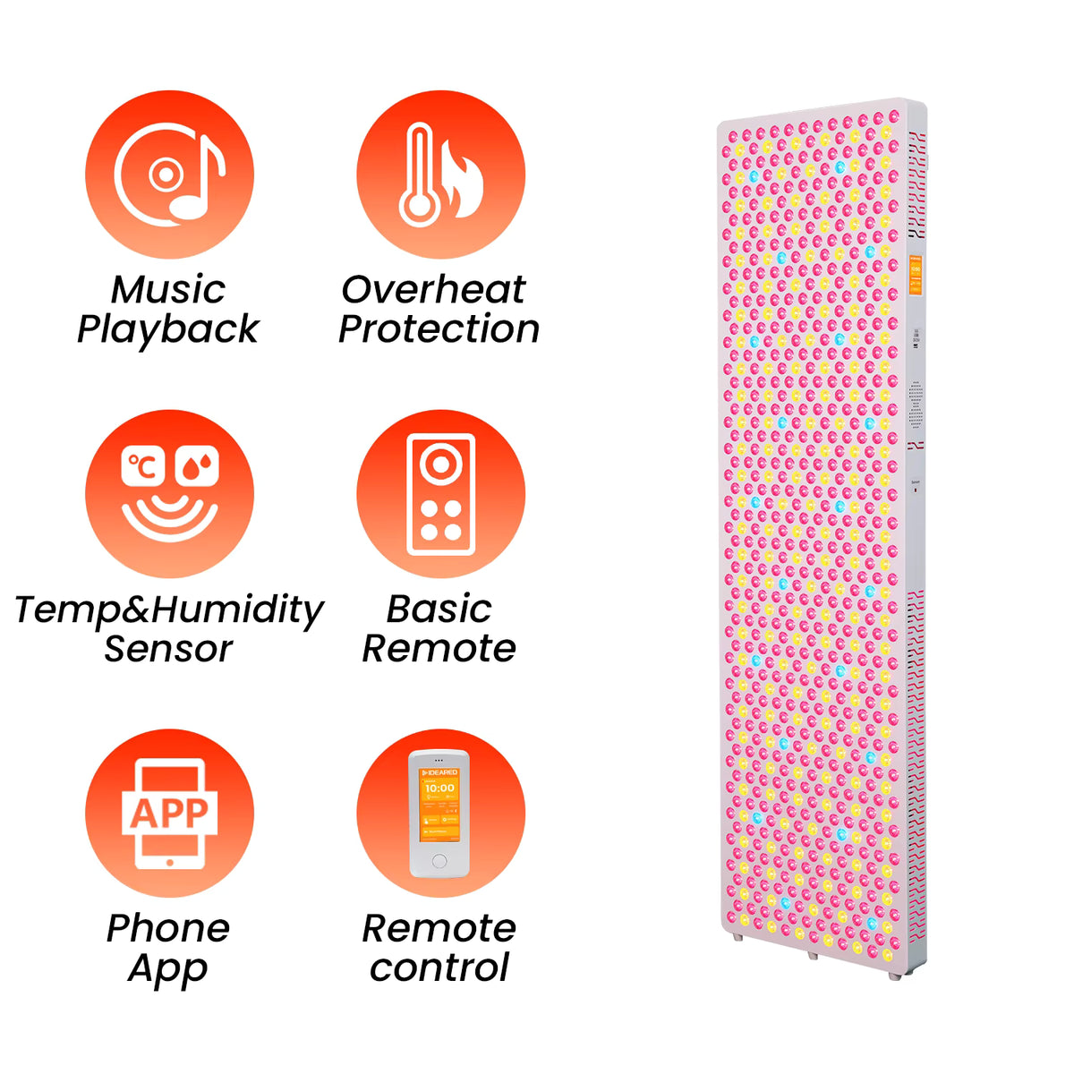 Ampio pannello a luce rossa con 720 punti LED, 9 lunghezze d'onda, touch screen e funzione musicale. Colore: bianco.