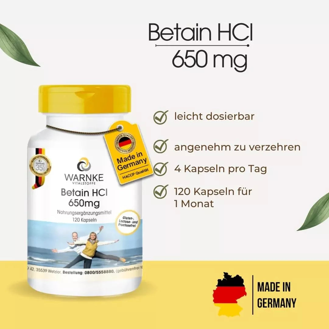 Betaine HCl 650 mg kapsler i en hvit og gul boks med 120 kapsler, merket "Made in Germany.