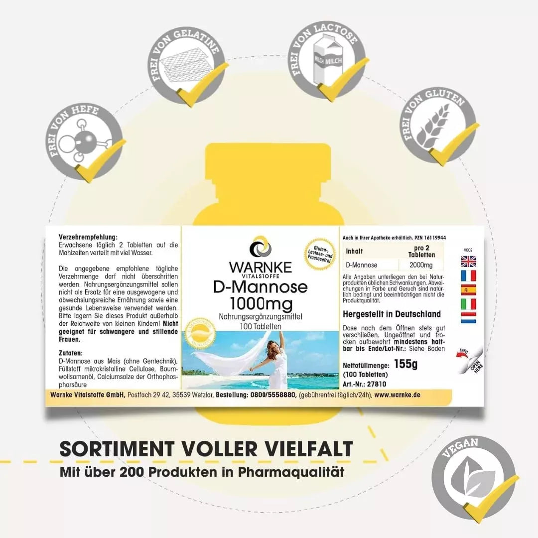 D-Mannose 1000 mg tabletter, vegansk emballage med beskrivelse og sundhedsikoner, gul baggrund. 100 tabletter.