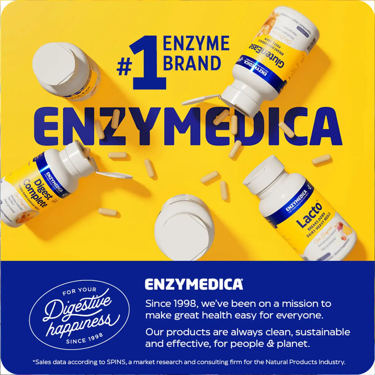 Kapseln von Enzymedica Digest Gold® mit ATPro® auf gelbem Hintergrund, mit offener Flasche und sichtbaren Kapseln.