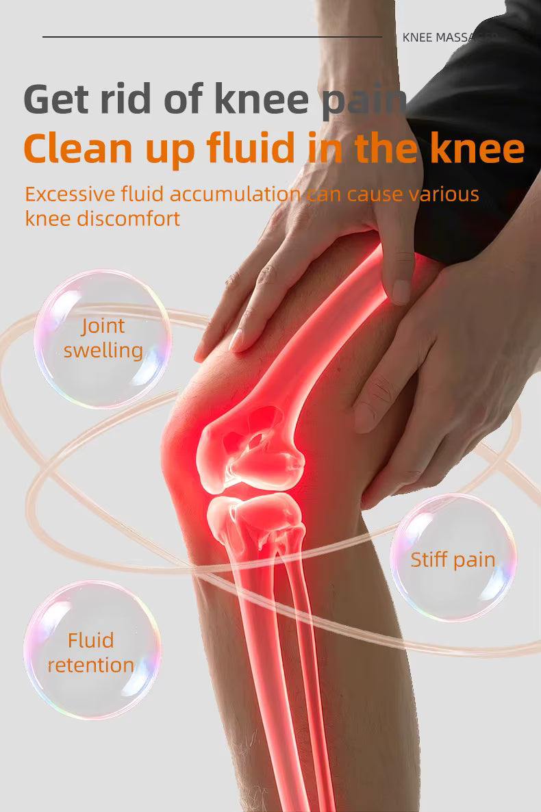 Dispositivo de rodilla con terapia de luz roja, que se utiliza en la rodilla para aliviar el dolor, con una mano que aplica presión.