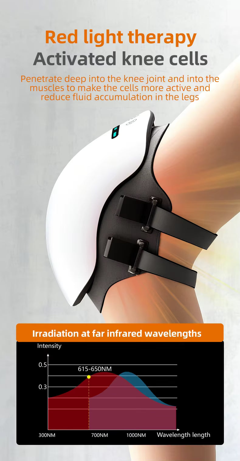Masajeador de rodillas Smart Kneading Vibration con parte exterior blanca y correas ajustables negras, adaptado a la zona de la rodilla.