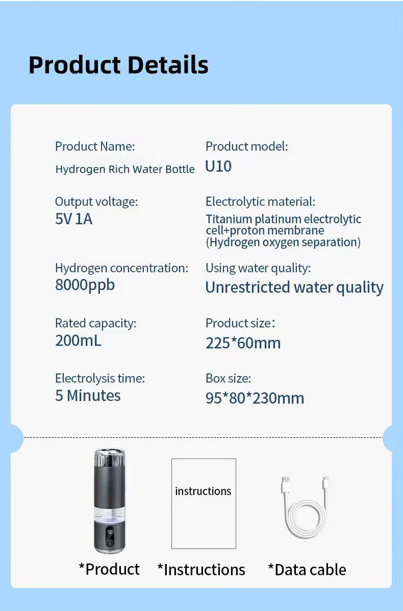 Musta vetyvesipullo läpinäkyvällä sylinterillä ja USB-C-latauksella, tilavuus 200 ml, suunniteltu kannettavaan käyttöön.