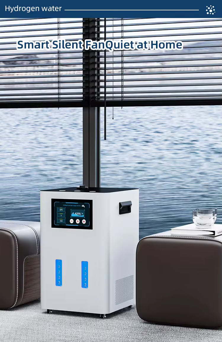 Großer Wasserstoff-Inhalator in Weiß, mit digitalem Bedienfeld und vier Wasserstoff-Ausgängen, am Fenster platziert.
