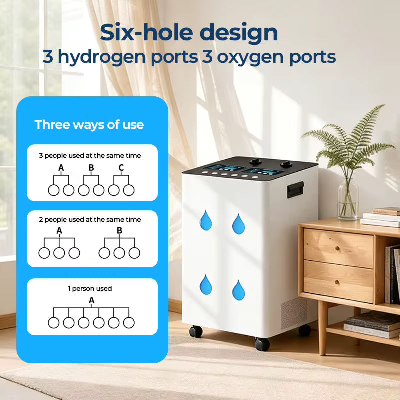 Kleiner Wasserstoff- und Sauerstoffgenerator mit vier Wasserstoffausgängen und zwei Sauerstoffausgängen, modernes Design mit Bedienfeld.