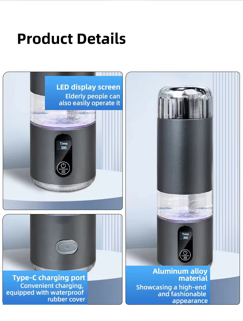 Kompakti vetyvesipullo alumiiniseoksesta LED-näytöllä ja USB-C-latauksella, tilavuus 200 ml.