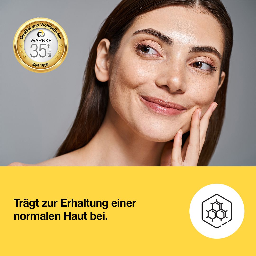 Hyaluron 500 + Zinc tablets with a smooth surface, presented by a model smiling and holding her hand on her cheek.