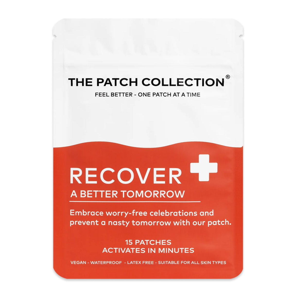 Red and white package with the text "Recover" and "15 plasters" clearly designed, indicating the product type and properties.