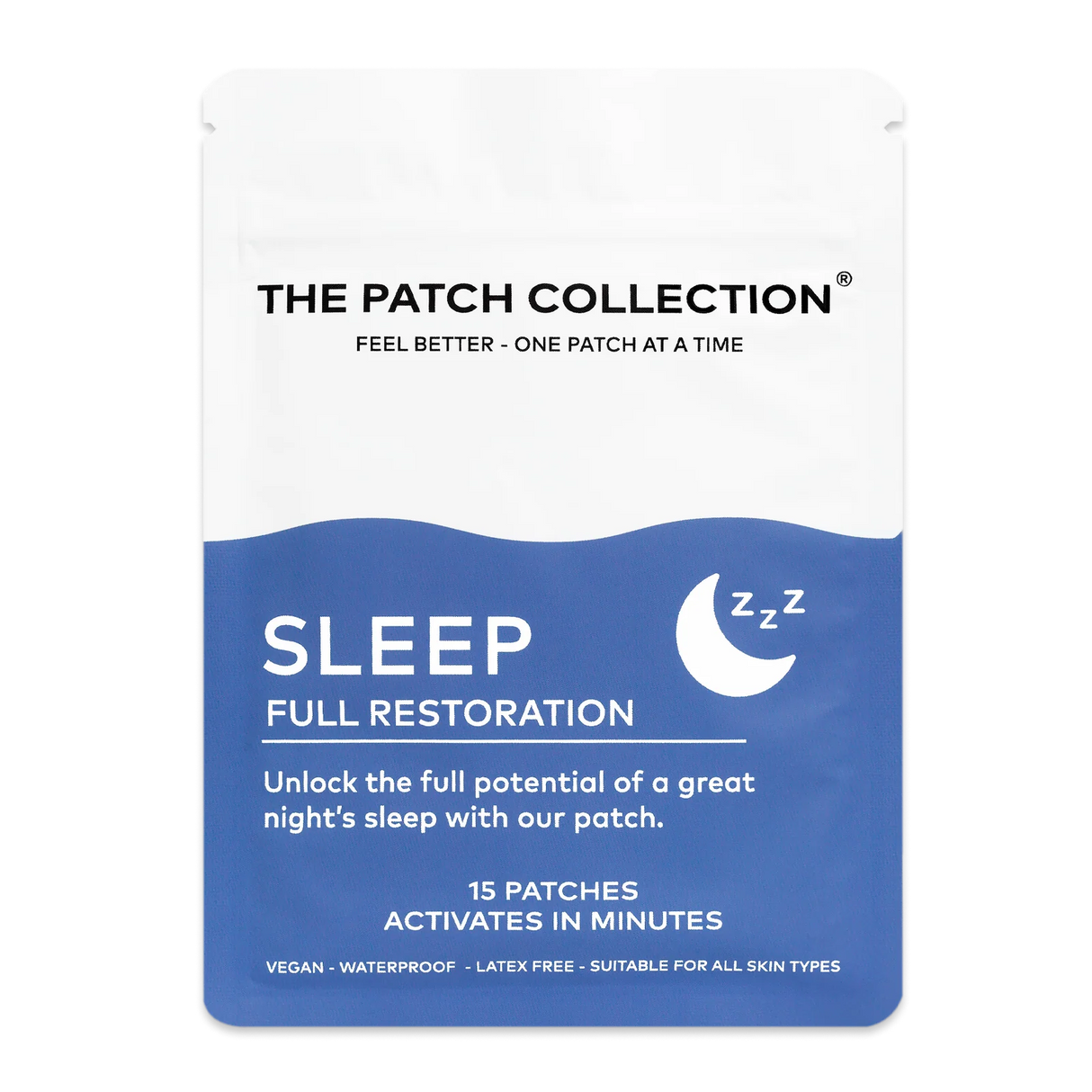 The Patch Collection Sleep Patches, white and blue packaging with text about sleep and 15 patches. Water resistant and vegan.