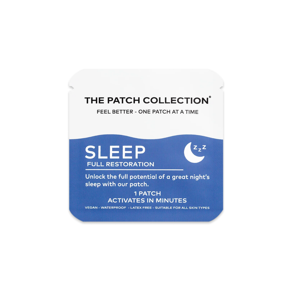 Sleeping patch from The Patch Collection with blue packaging, marked "SLEEP" and stating vegan and latex-free.