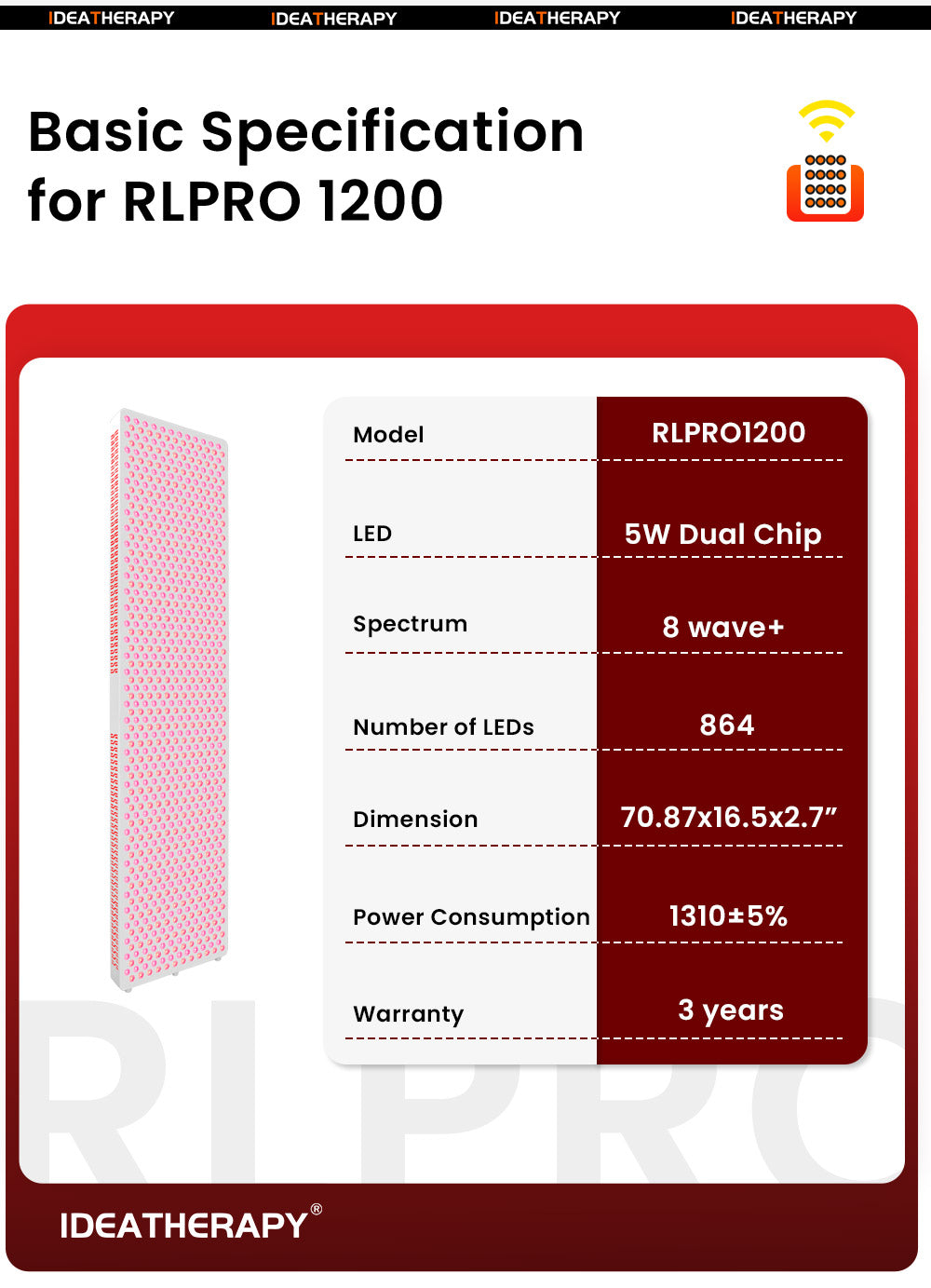 Luz de terapia LED RLPRO1200 de Uno Vita (espectro completo)
