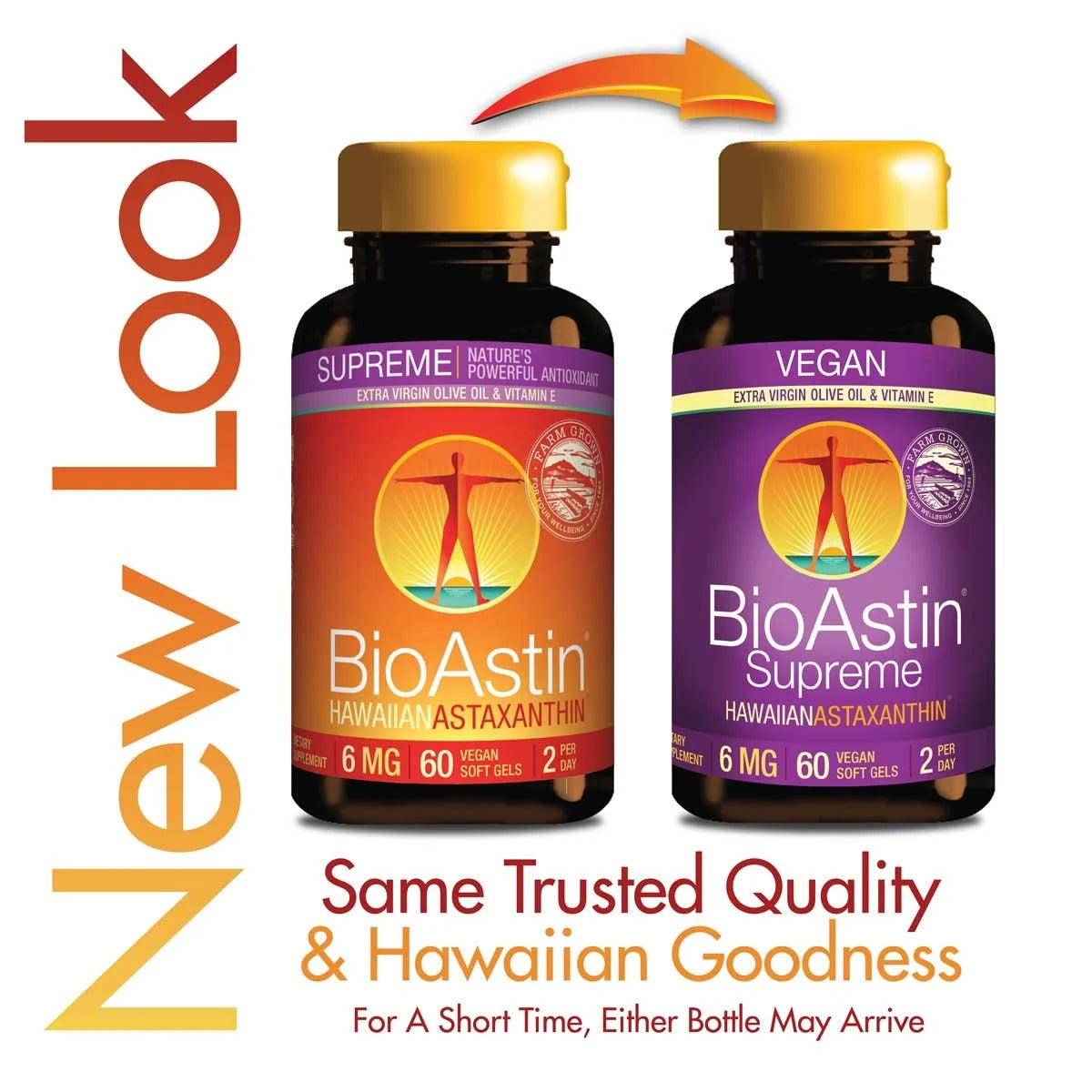 BioAstin Supreme Astaxanthine, deux flacons de 60 gélules végétaliennes, étiquette orange et violette détaillant les ingrédients.