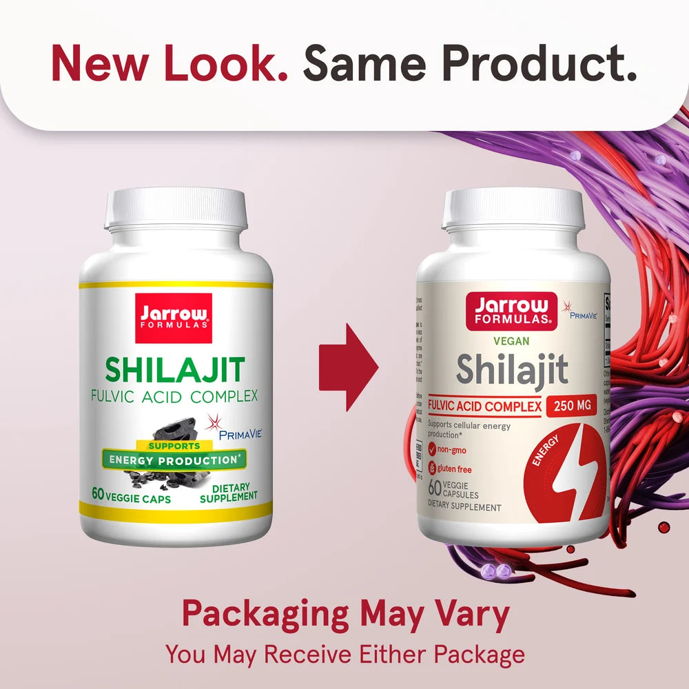 Shilajit Fulvic Acid Complex, due flaconi di capsule vegane, uno con un'etichetta gialla e uno con un'etichetta rossa.