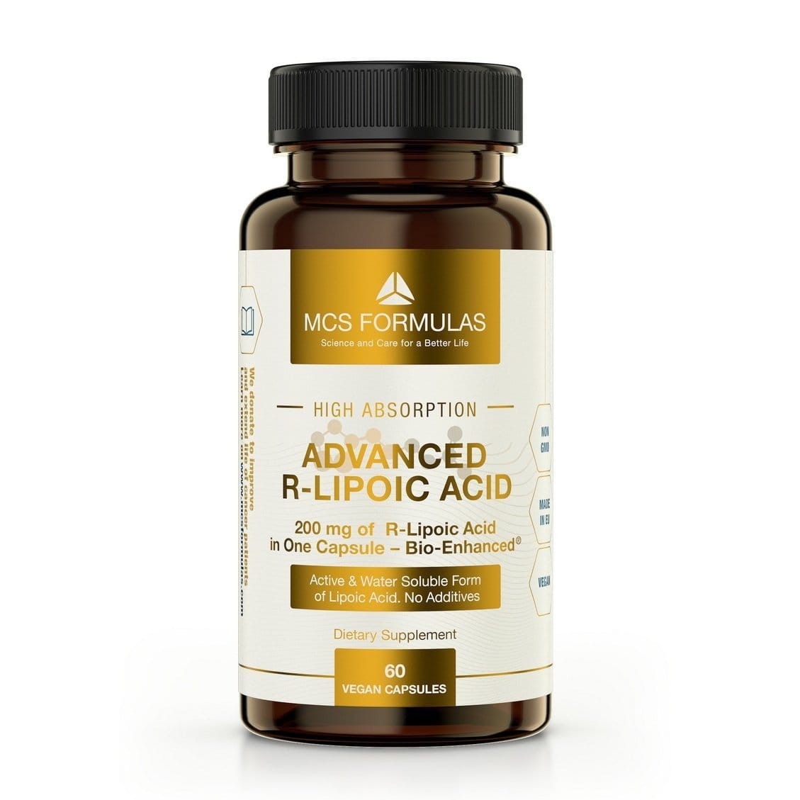 Advanced R-Lipoic Acid 200 mg kapselit, joissa on biologisesti aktiivista R-lipoiinihappoa ja biologisesti vahvistettua natrium-R-lipoaattia