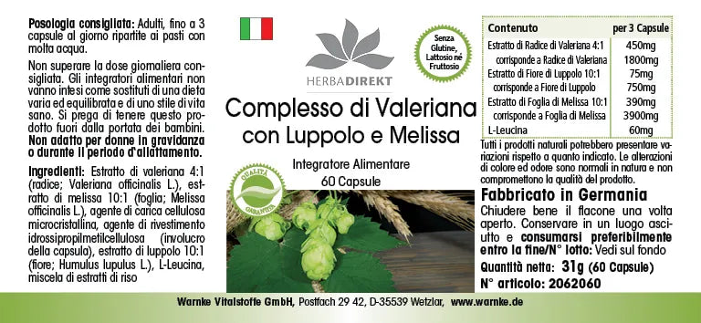Baldrian Complex med humle og sitronmelisse i en boks med 60 lettsvelgelige veganske kapsler.