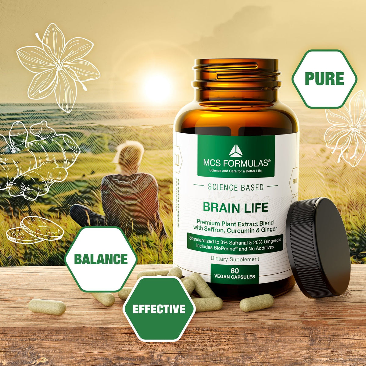 Complément alimentaire Brain Life de MCS Formulas à l'extrait de safran, BioPerine et extrait de gingembre