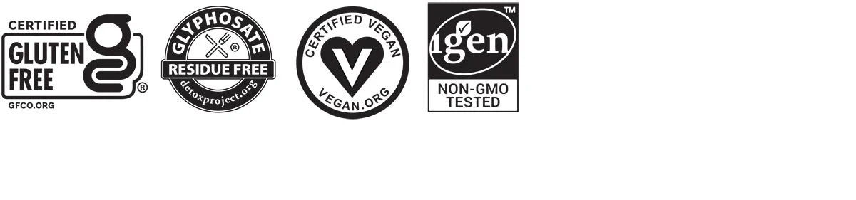 Certifications pour compléments alimentaires sans gluten, végétaliens, non génétiquement modifiés et sans glyphosate.