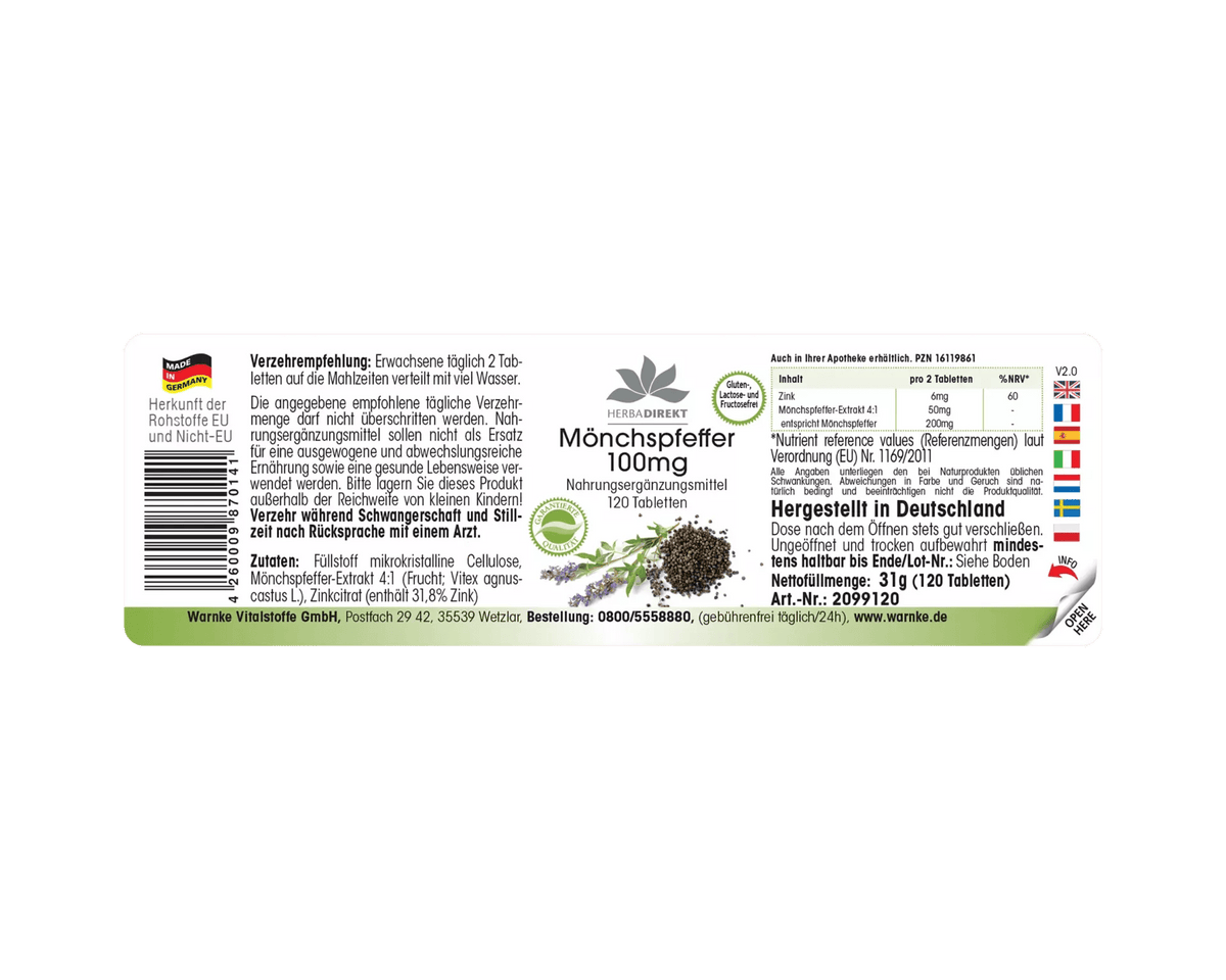 Munkpepper 100 mg, 120 veganske tabletter med mørk emballasje og grønn dekor, fremhever ingredienser og bruksanvisning.
