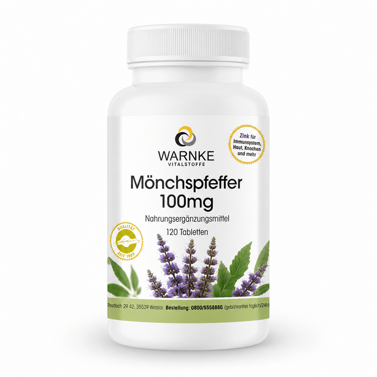 Munkpepper 100 mg, 120 veganske tabletter, med lilla blomster på etiketten og grønn bakgrunn.