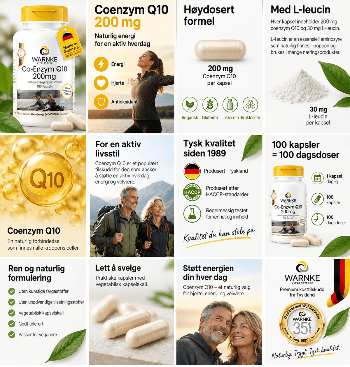 Capsules végétaliennes avec 200 mg de coenzyme Q10. Les capsules sont beiges et conditionnées dans une boîte blanche avec un couvercle jaune.