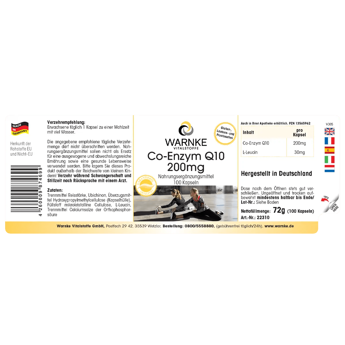 Capsules végétaliennes avec Coenzyme Q10 200 mg dans un récipient pratique. Contient 100 gélules contenant chacune 200 mg d'ubiquinone.