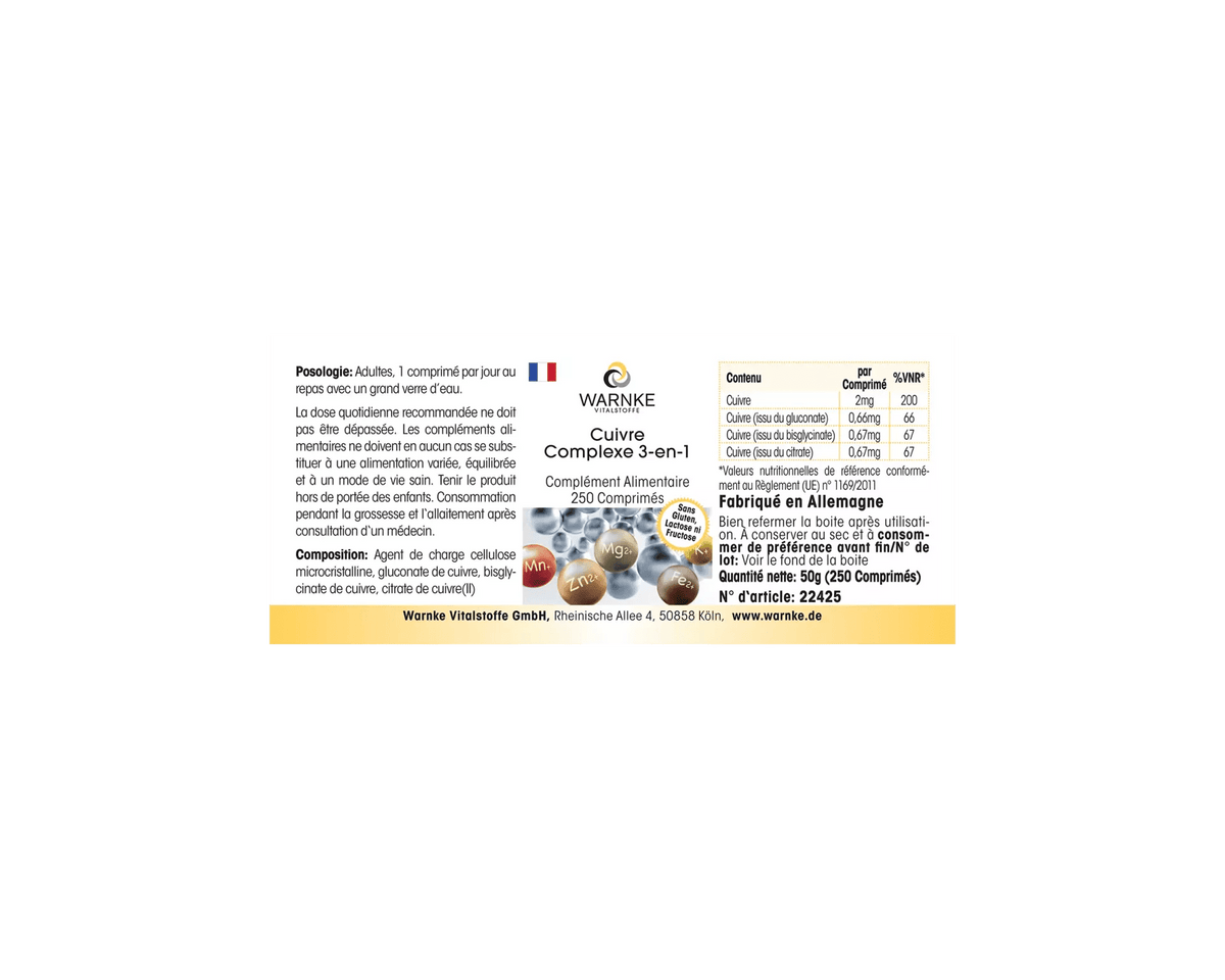 Kobber 3-kompleks tabletter, 250 stk, hver med 2 mg kobber, vegansk, uten kunstige tilsetningsstoffer.