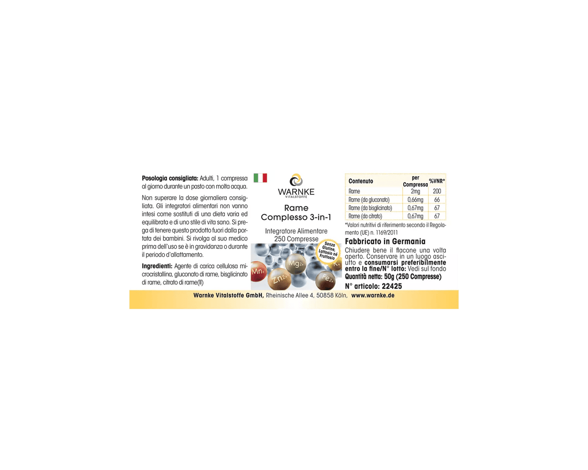Kobber 3-kompleks tabletter, 250 stk. Hvit, rund tablett med tekst, vegansk, inneholder tre kobberformer.