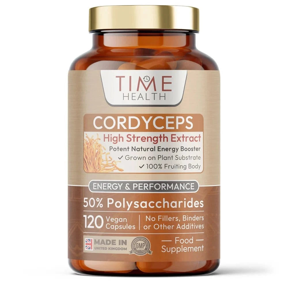 Cordyceps High Strength from Time Health, 120 vegan capsules with 50% polysaccharides and 0.5% cordycepin