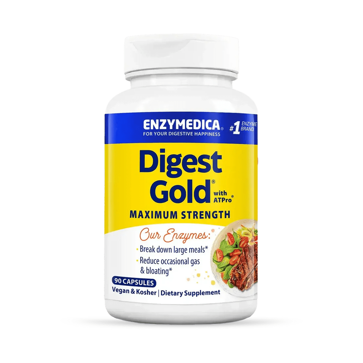 Digest Gold® with ATPro® in a white container, yellow and blue design, contains 90 vegetable capsules.