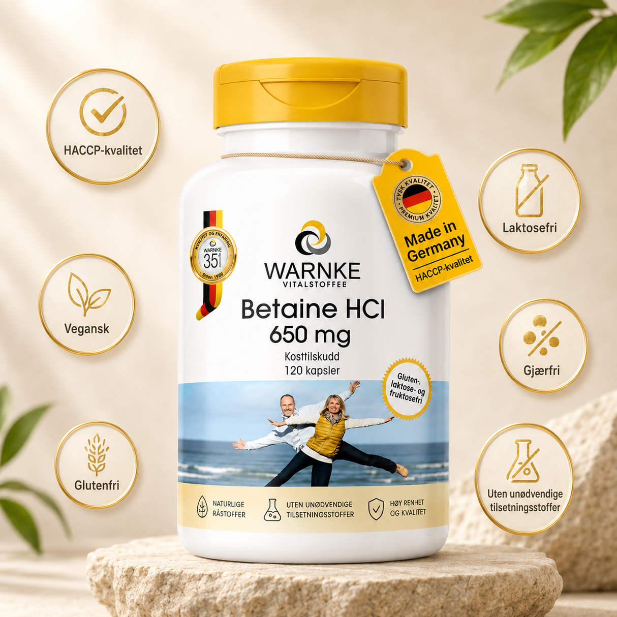 Betain HCl 650 mg, 120 veganske kapsler i hvit beholder med gult lokk, merket med HACCP og "Made in Germany.