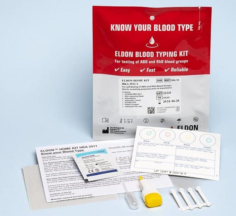 Eldoncard Doctors Kit bloedgroeptest met 10 steriele ABO- en RhD-tests, kaarten, lancetten en lamineerfolie