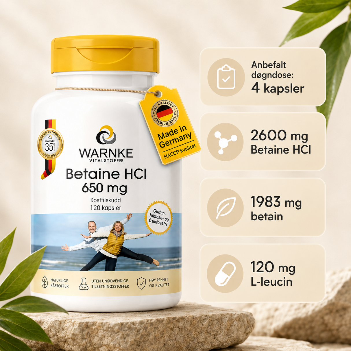 Betaine HCl 650 mg kosttilskudd, hvit beholder med gul lokk, inneholder 120 veganske kapsler.