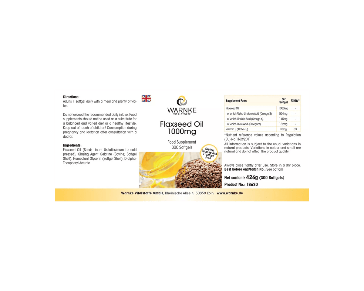 Flaxseed Oil 1000 mg - 300 softgels - with Vitamin E - for cell protection - Uno Vita AS