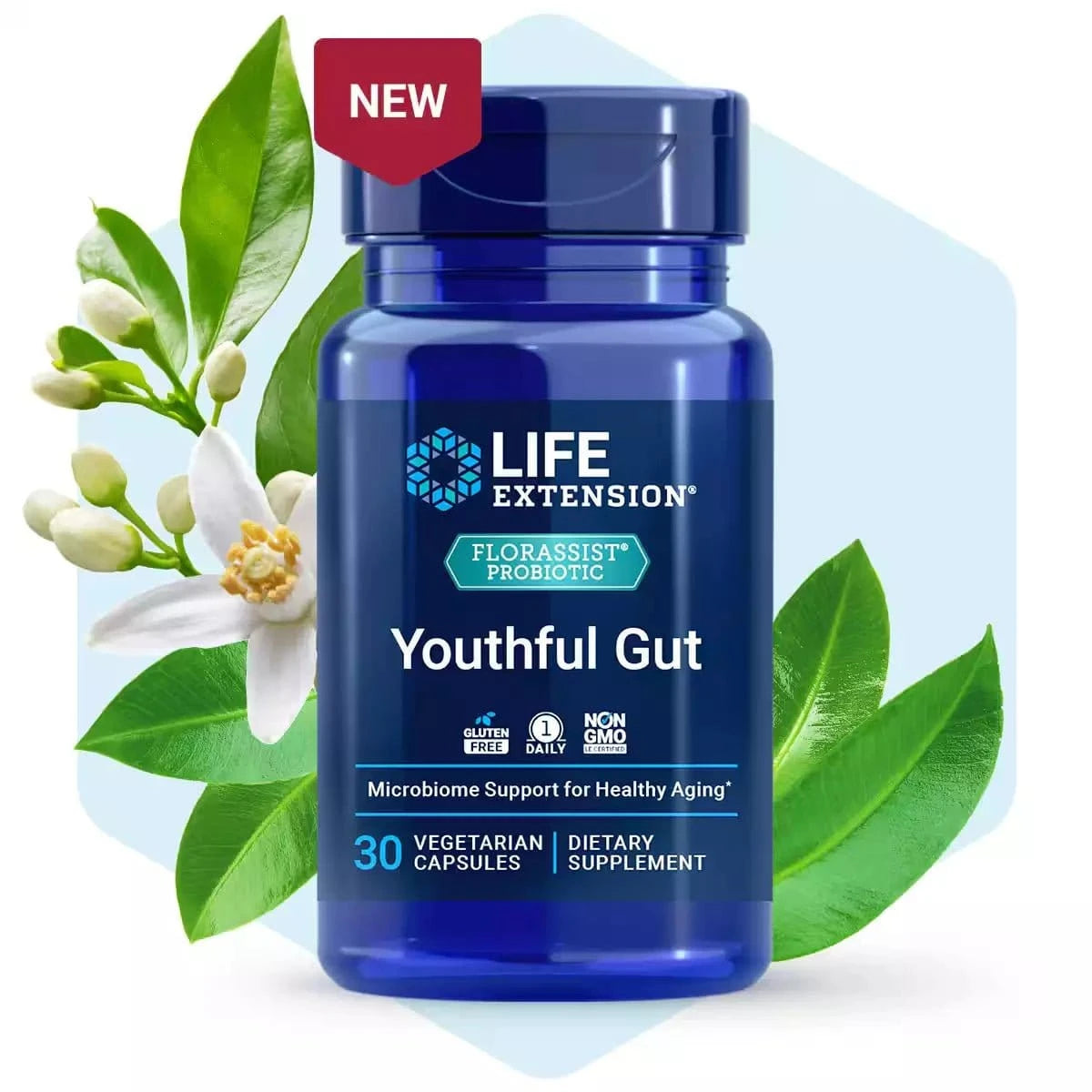 FLORASSIST プロバイオティクス ユースフル ガット、90 億 CFU と 50 mg のポストバイオティクスを含む植物性カプセル 30 個